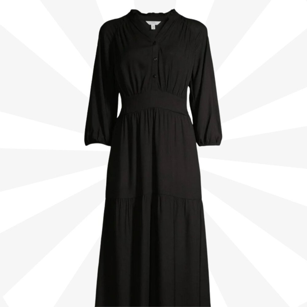 Time and Tru Black Midi Dress Size S Peasant Tiered 3/4 Sleeve